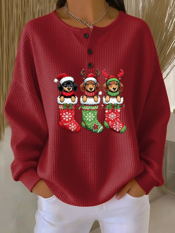 Julie | Christmas Dog Print Waffle Knit Sweater