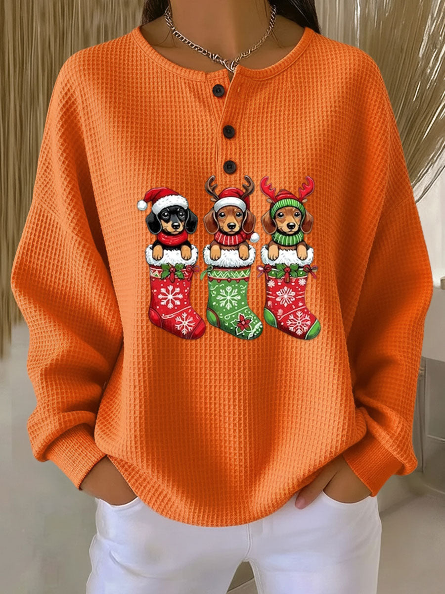 Julie | Christmas Dog Print Waffle Knit Sweater