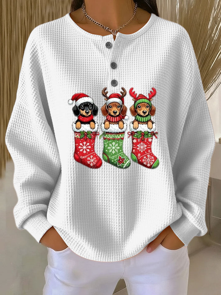 Julie | Christmas Dog Print Waffle Knit Sweater