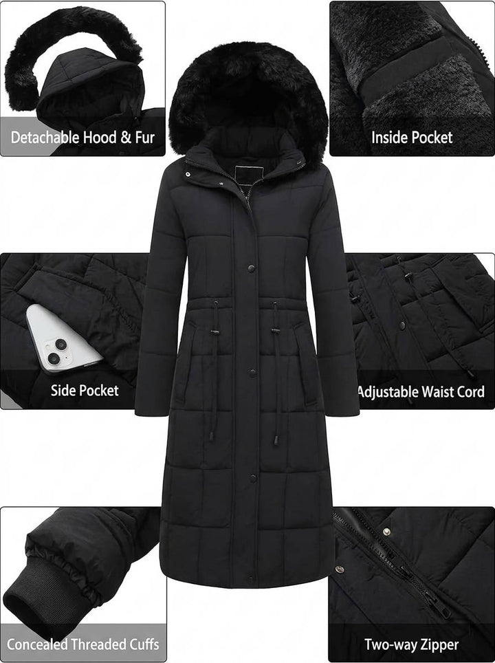 Julie | Sophisticated Long Puffer Winter Coats with Faux Fur Hood