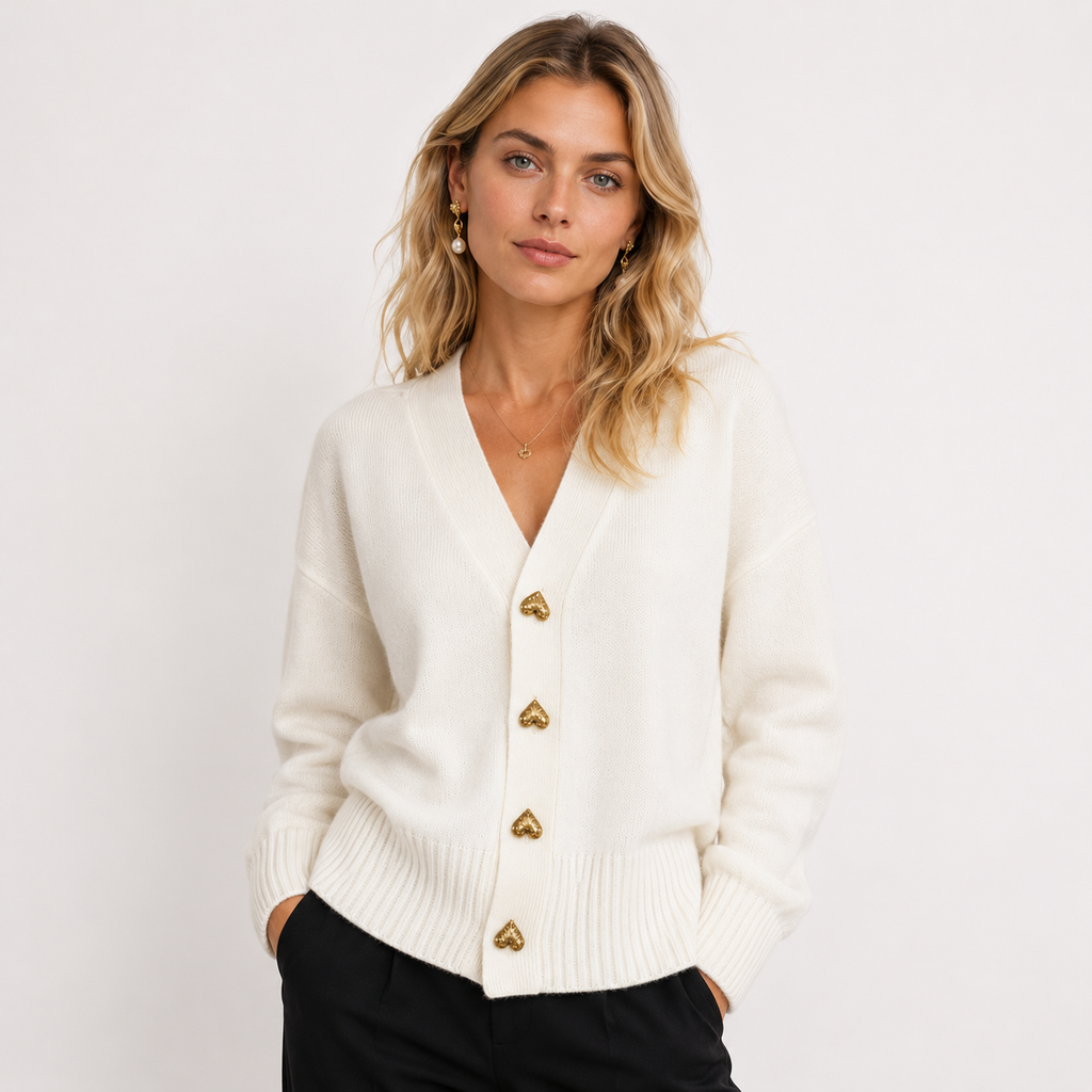Karla | Chik Cardigan Dame med Hjerteknapper og V-hals