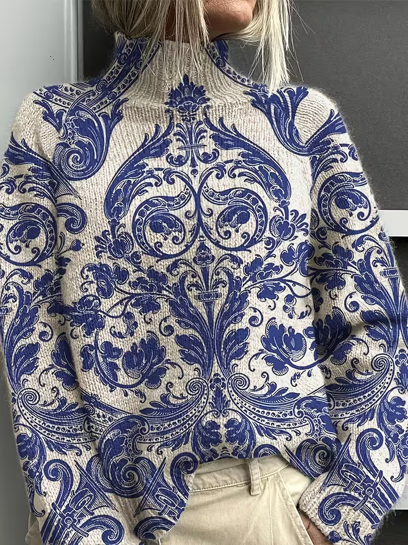 Kathleen | Relaxed Damask Print Oversized Turtleneck Sweater