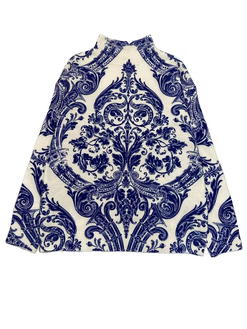 Kathleen | Relaxed Damask Print Oversized Turtleneck Sweater