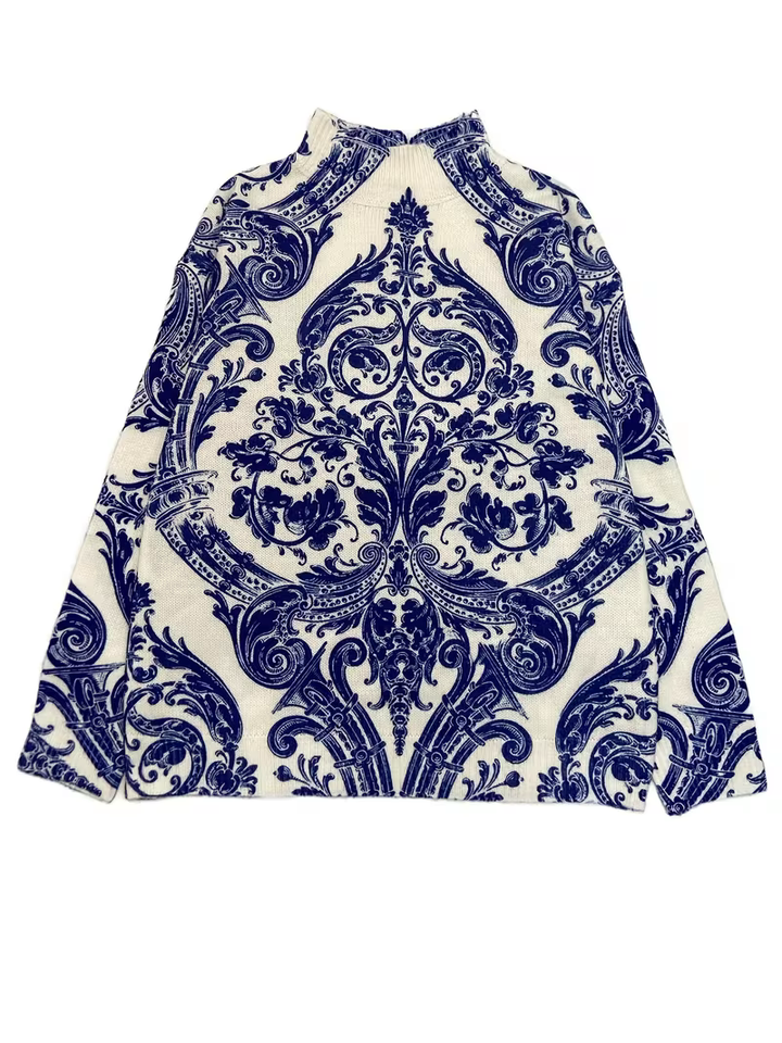Kathleen | Relaxed Damask Print Oversized Turtleneck Sweater