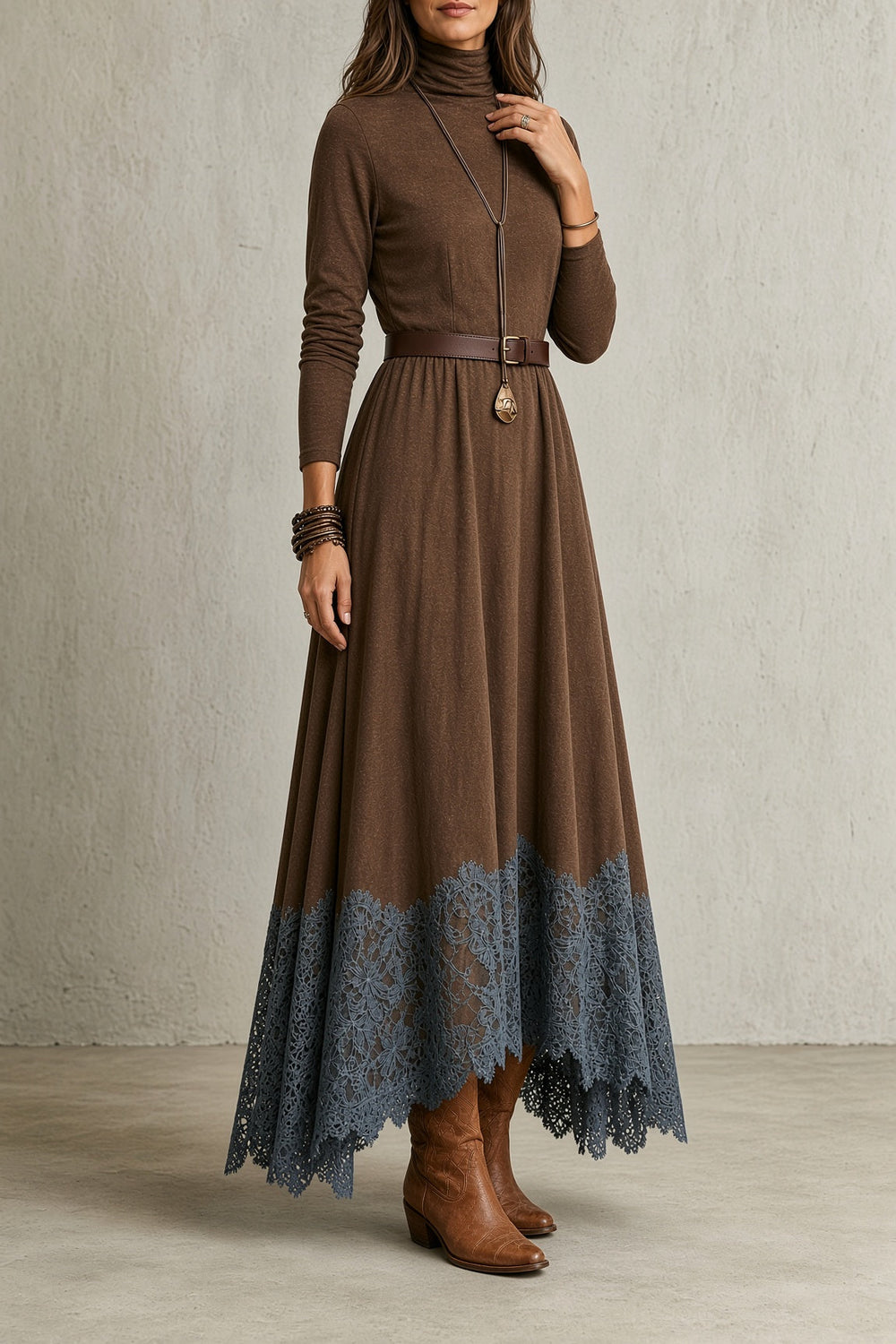 Kathryn | Long Sleeve Turtleneck Lace-Hem Maxi Sweater Dress