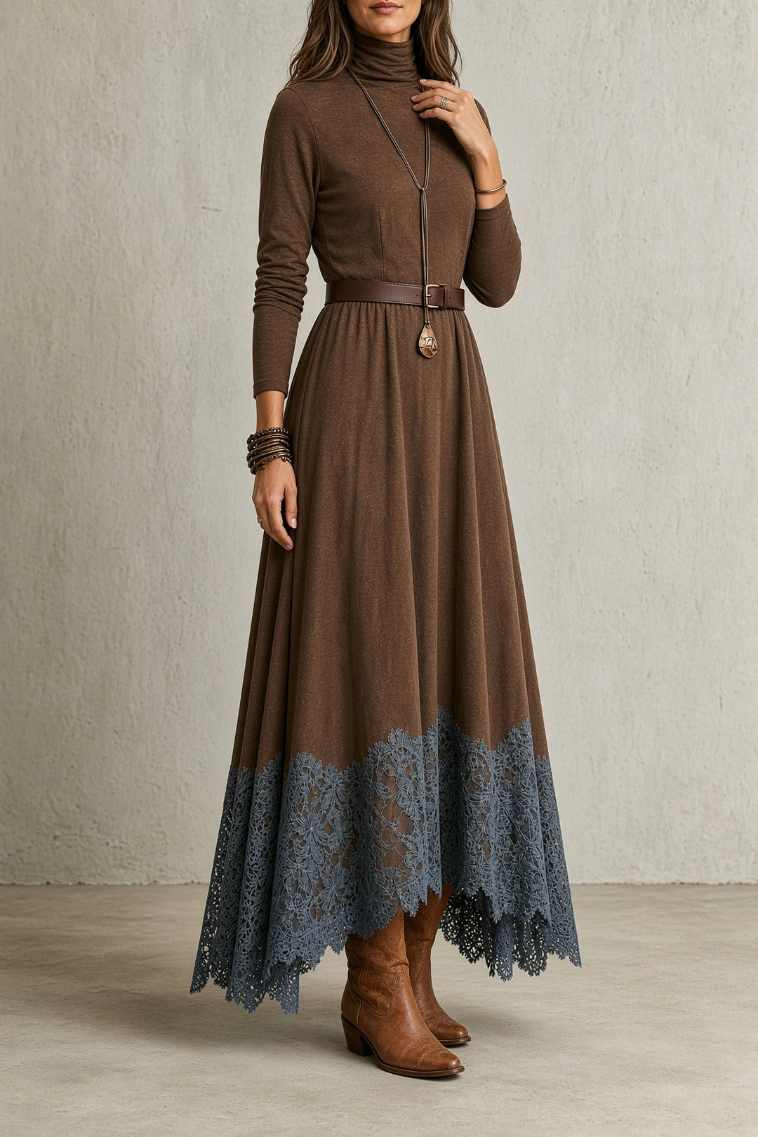 Kathryn | Long Sleeve Turtleneck Lace-Hem Maxi Sweater Dress