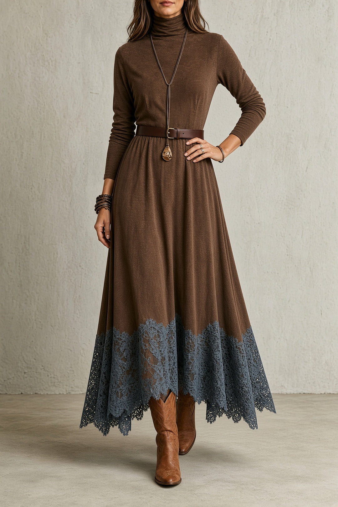 Kathryn | Long Sleeve Turtleneck Lace-Hem Maxi Sweater Dress