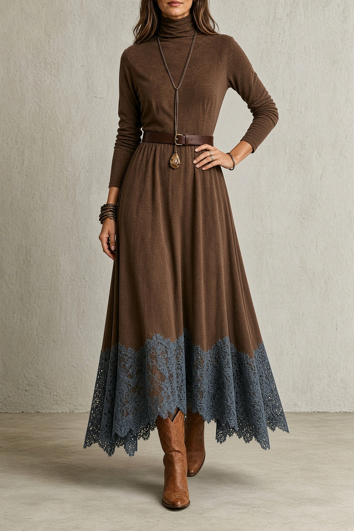 Kathryn | Long Sleeve Turtleneck Lace-Hem Maxi Sweater Dress
