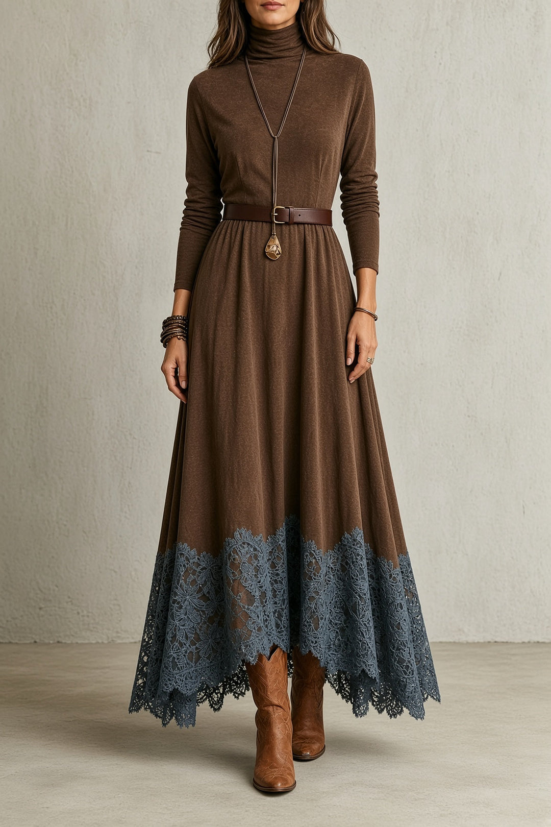 Kathryn | Long Sleeve Turtleneck Lace-Hem Maxi Sweater Dress