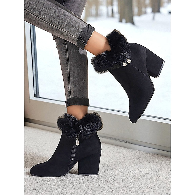 Kayla | Cozy Plush Collar Block Heel Ankle Boots