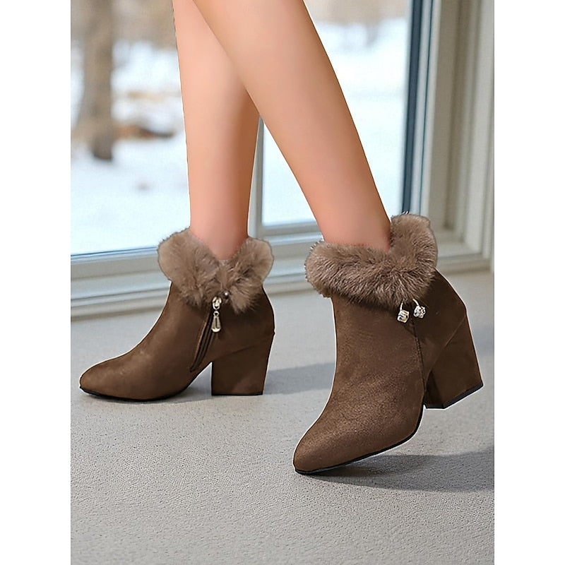 Kayla | Cozy Plush Collar Block Heel Ankle Boots