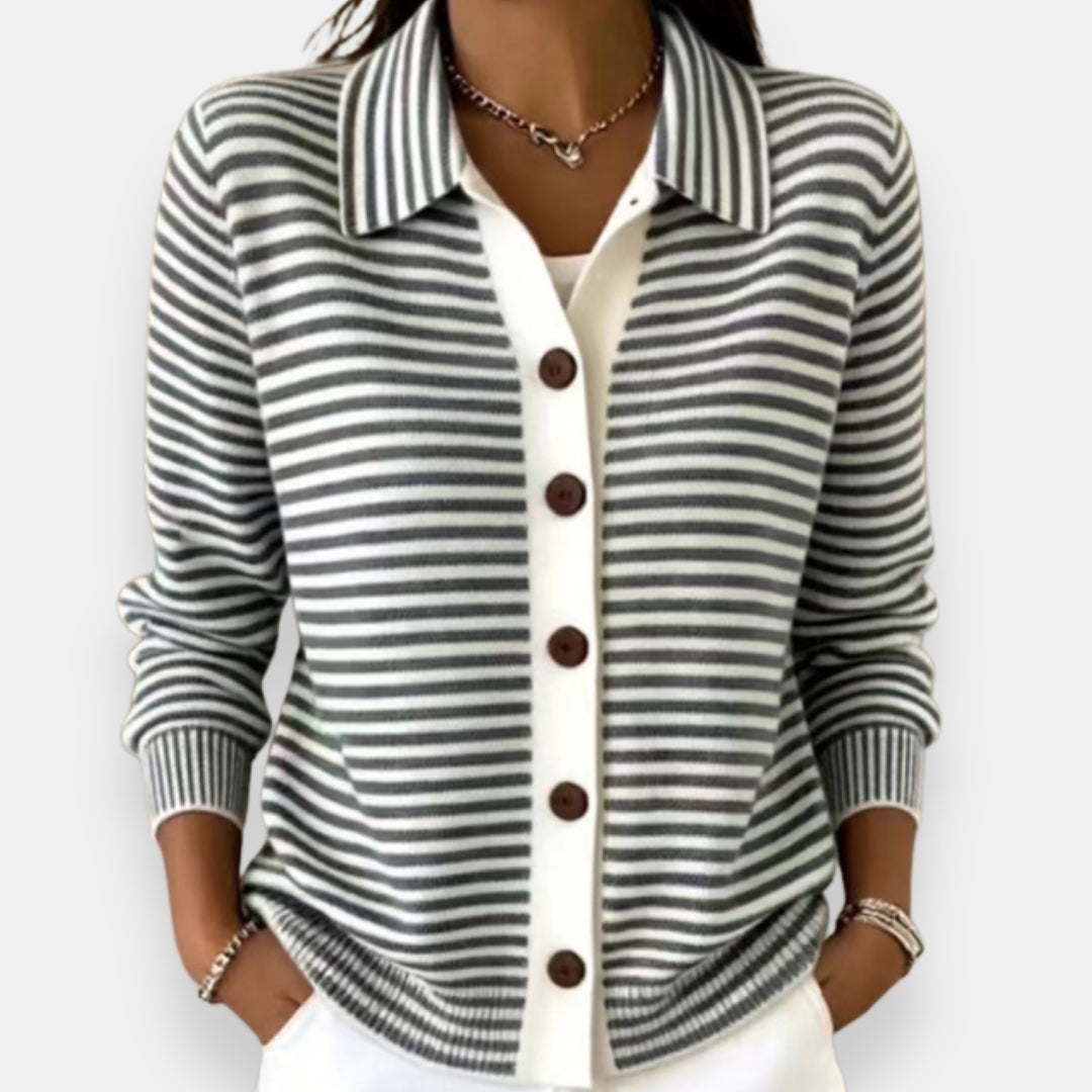 Kayla | Polished Striped Collared Button-Up Cardigan