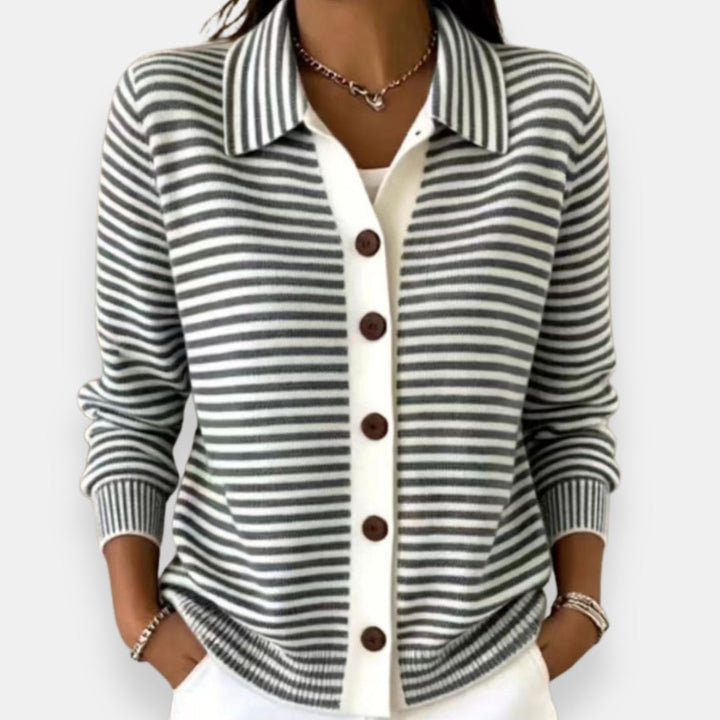 Kayla | Polished Striped Collared Button-Up Cardigan