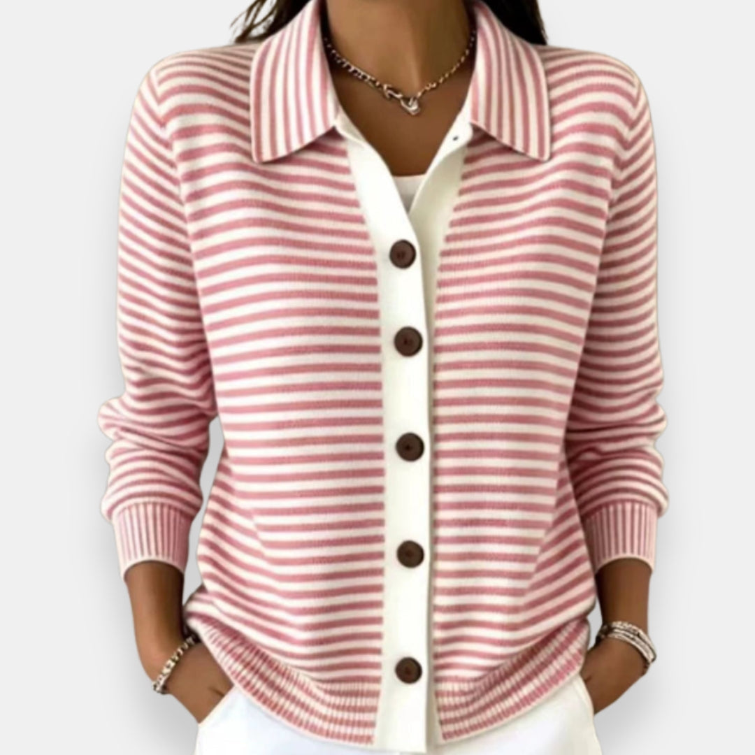 Kayla | Polished Striped Collared Button-Up Cardigan