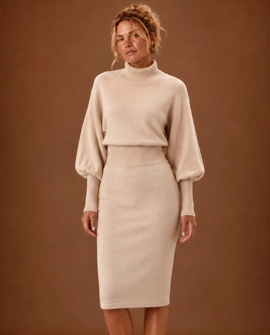 Kimberly | Elegant Balloon Sleeve Turtleneck Midi Sweater Dress