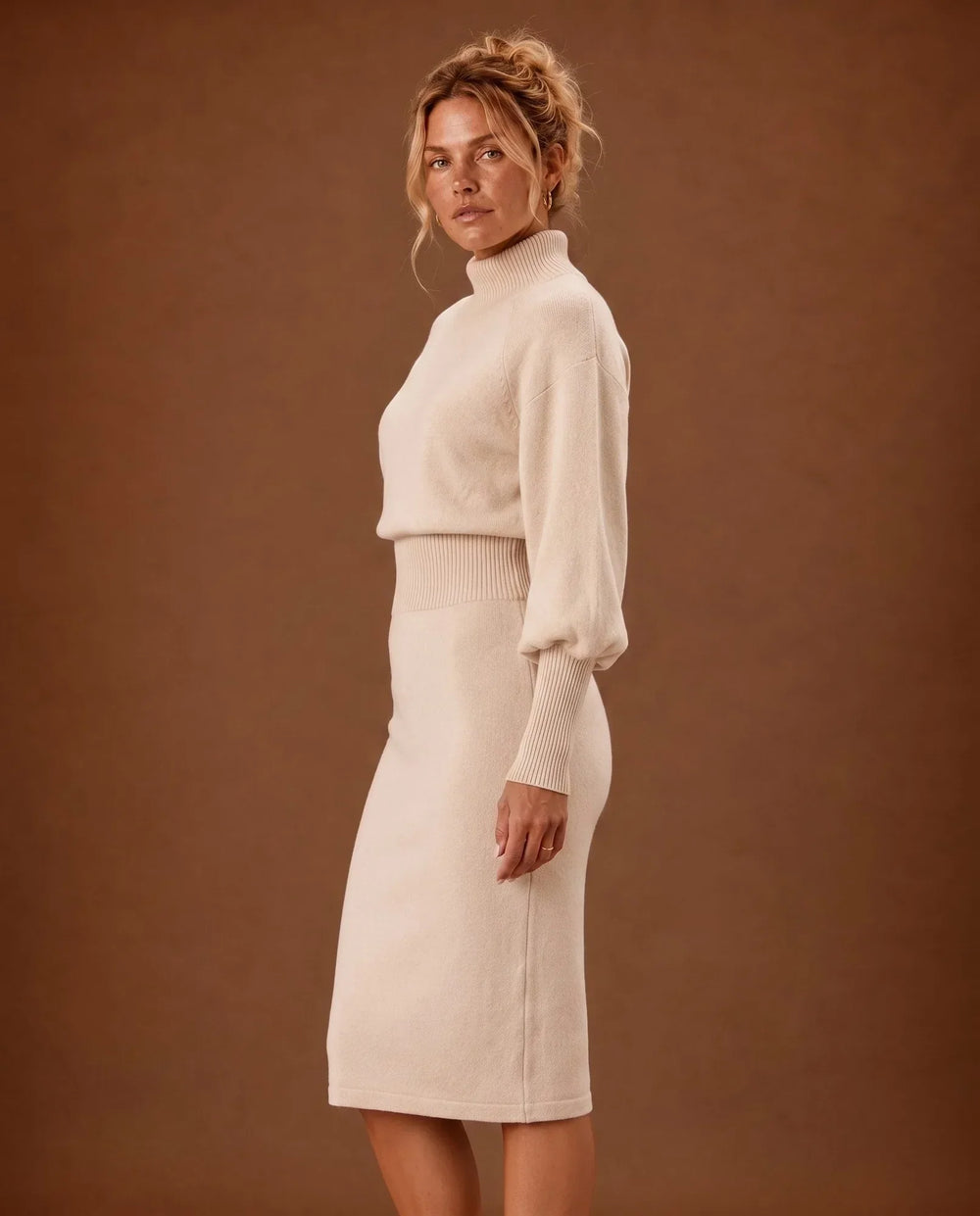 Kimberly | Elegant Balloon Sleeve Turtleneck Midi Sweater Dress
