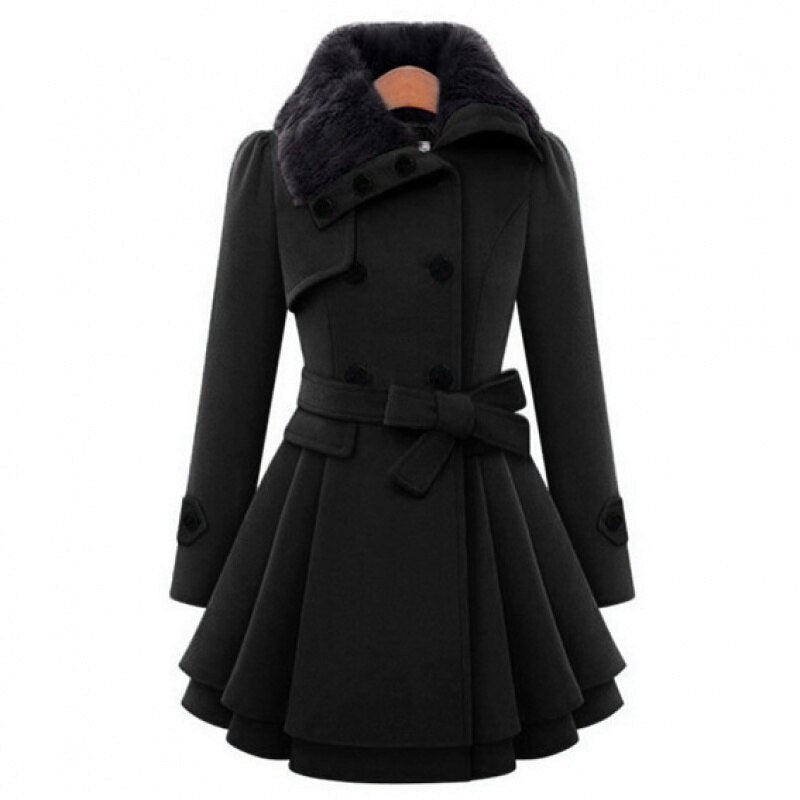 Laura | Relaxed Double-Breasted Winter Coats with Plush Collar & Tiered Skirt Hem