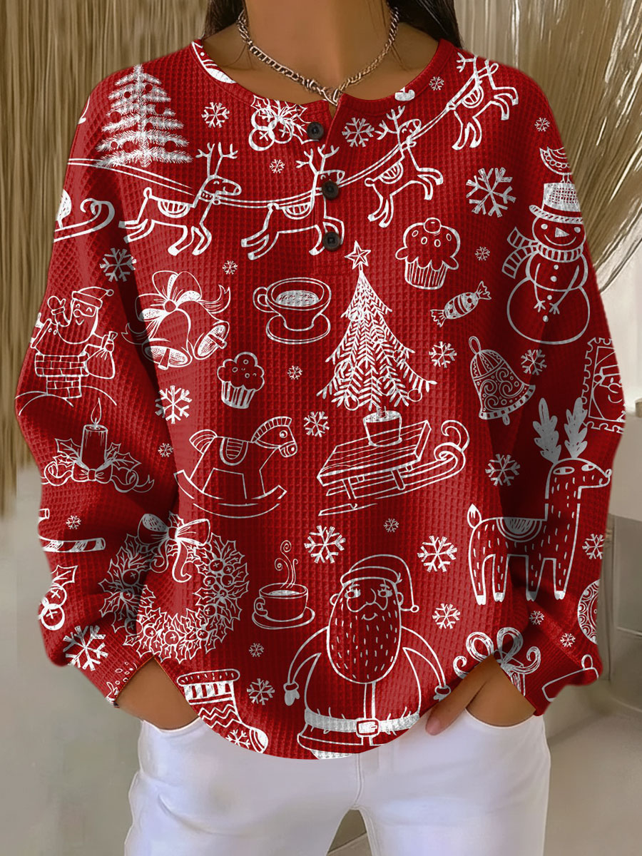 Linda | Christmas Print Long Sleeve Henley Knit Sweater