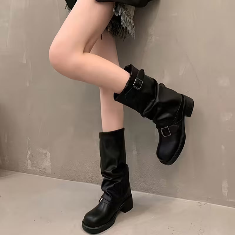 Lori | Chic Buckled Mid Calf Biker Winter Boots
