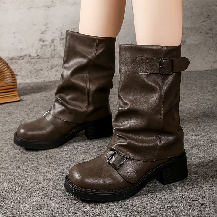 Lori | Chic Buckled Mid Calf Biker Winter Boots
