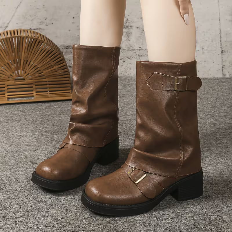 Lori | Chic Buckled Mid Calf Biker Winter Boots