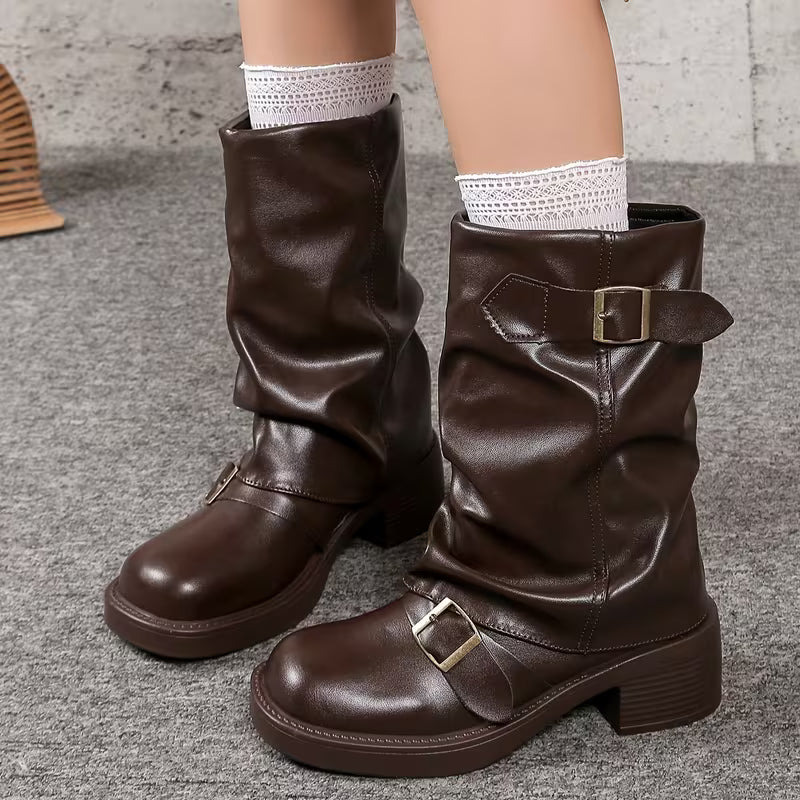 Lori | Chic Buckled Mid Calf Biker Winter Boots