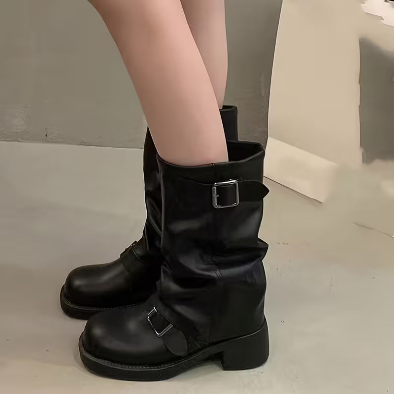 Lori | Chic Buckled Mid Calf Biker Winter Boots