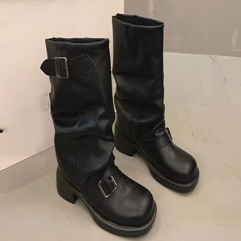 Lori | Chic Buckled Mid Calf Biker Winter Boots