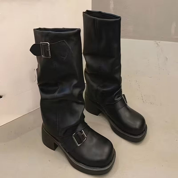 Lori | Chic Buckled Mid Calf Biker Winter Boots