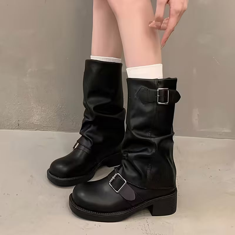 Lori | Chic Buckled Mid Calf Biker Winter Boots
