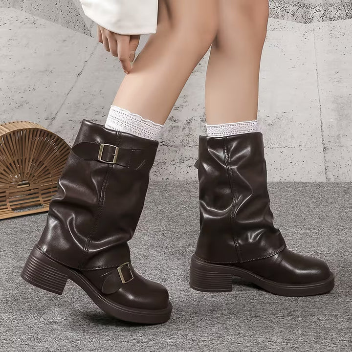 Lori | Chic Buckled Mid Calf Biker Winter Boots