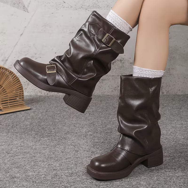 Lori | Chic Buckled Mid Calf Biker Winter Boots