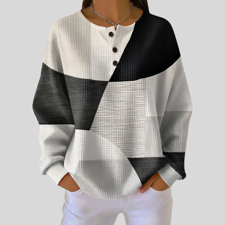 Lori | Geometric Long Sleeve Henley Knit Sweater