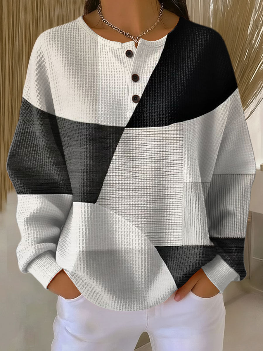 Lori | Geometric Long Sleeve Henley Knit Sweater