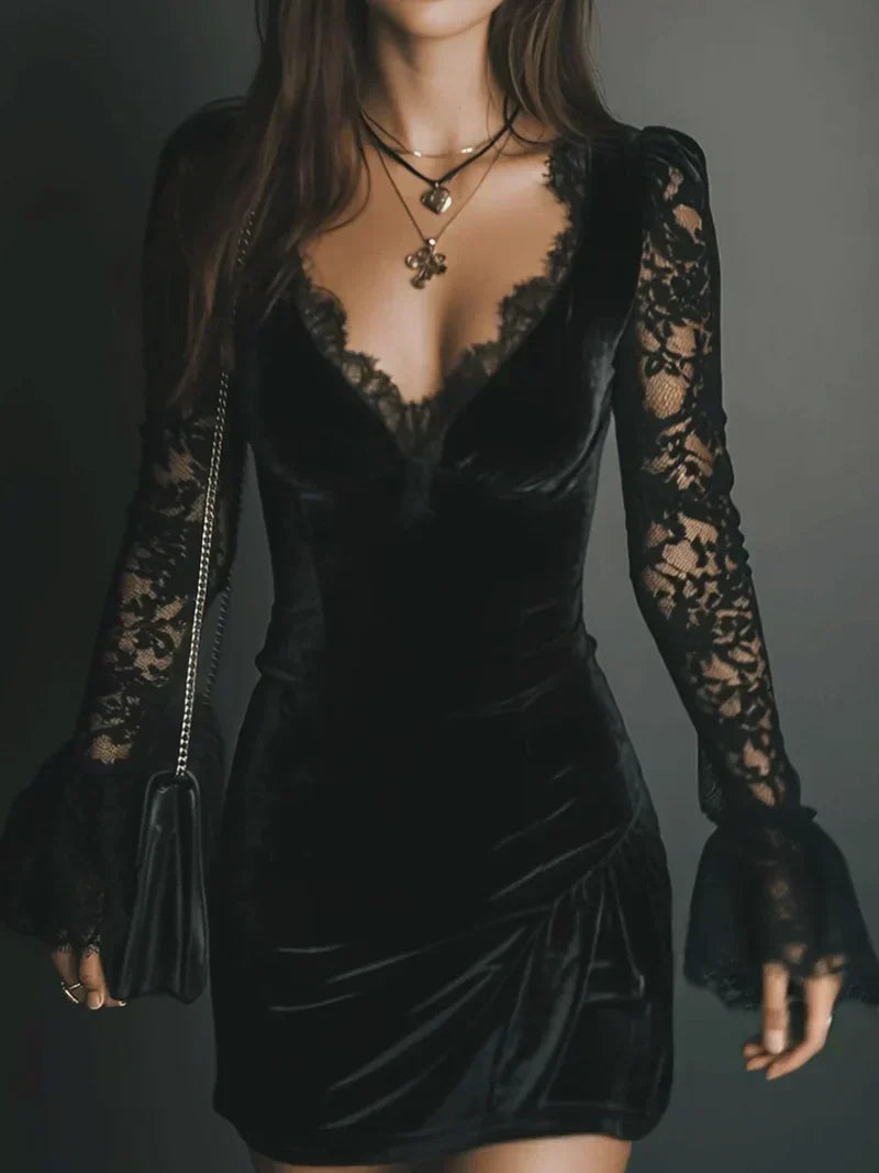 Lori | Lace Trim Bodycon Long Sleeve Dress