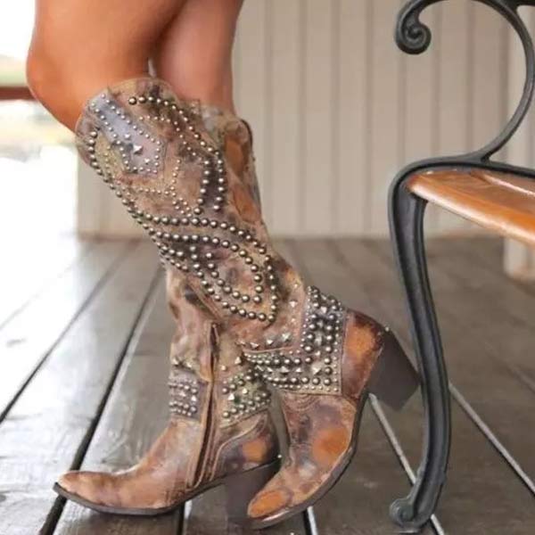 Lori | Studded Knee High Heeled Cowboy Boots