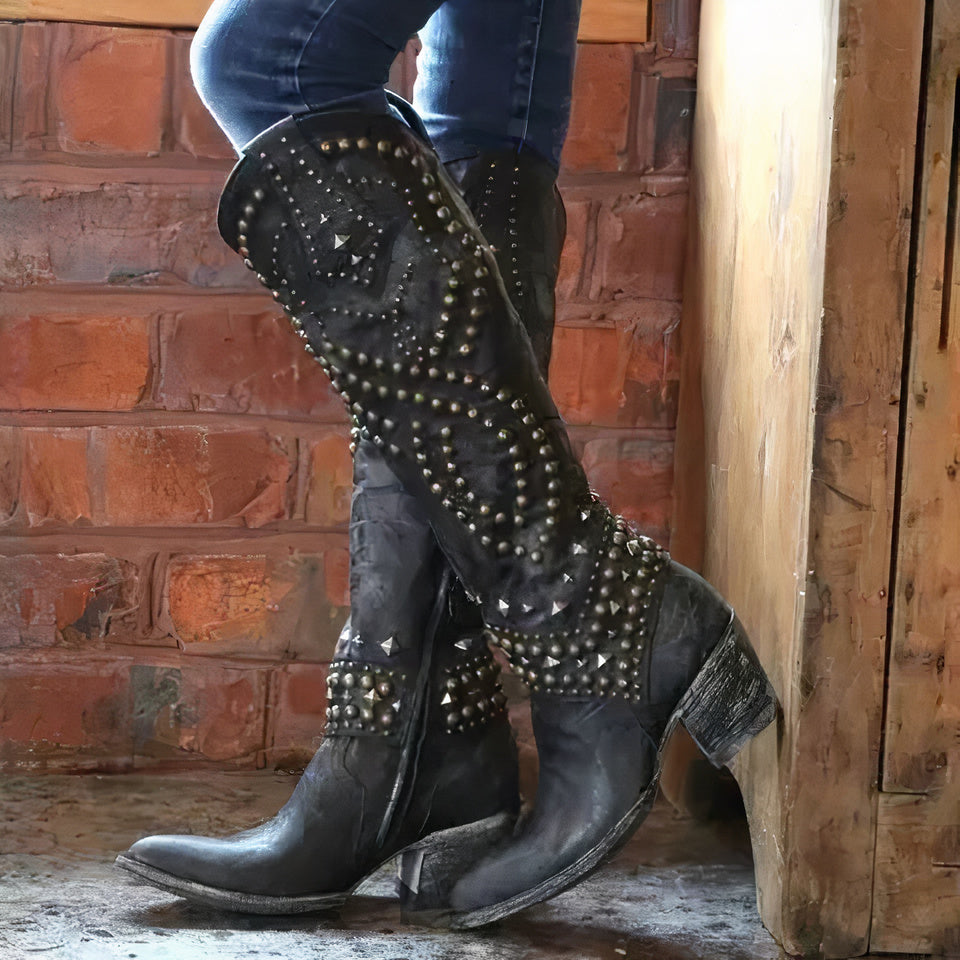 Lori | Studded Knee High Heeled Cowboy Boots