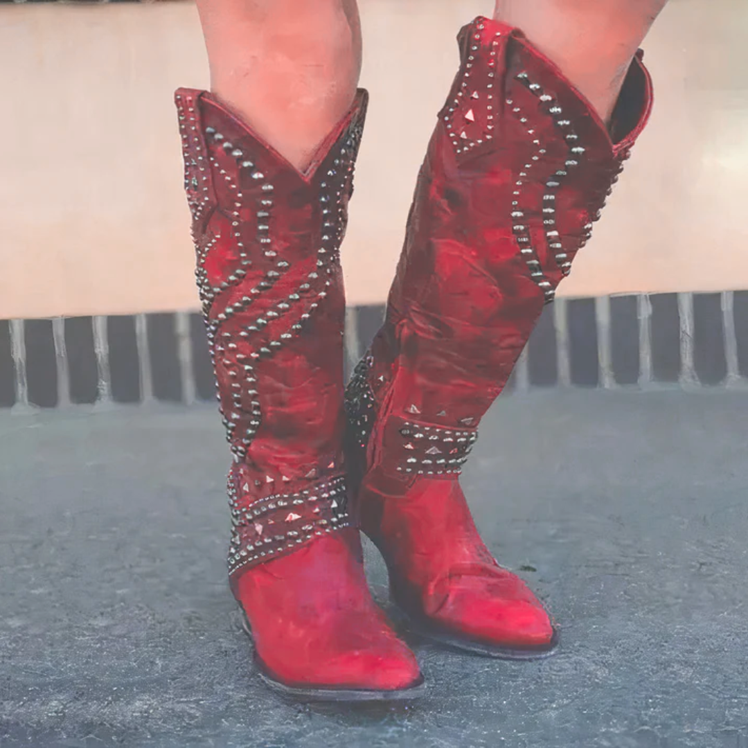 Lori | Studded Knee High Heeled Cowboy Boots
