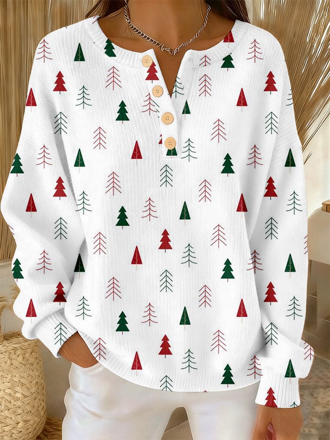 Madison | Christmas Tree Print Henley Knit Sweater