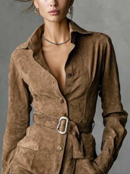 Marilyn | Belted Button Front Mini Long Sleeve Dress