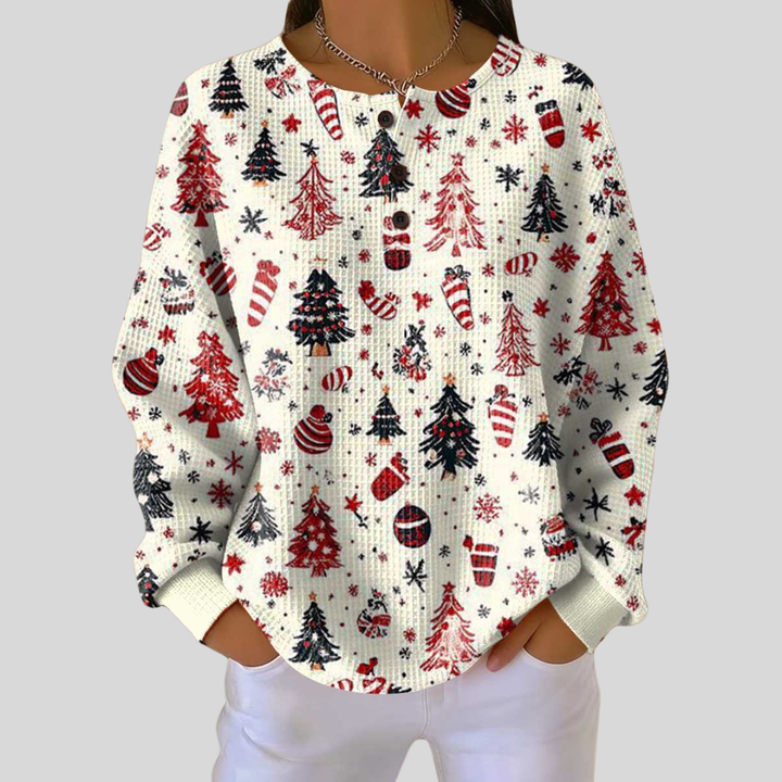 Marilyn | Christmas Tree Henley Knit Sweater