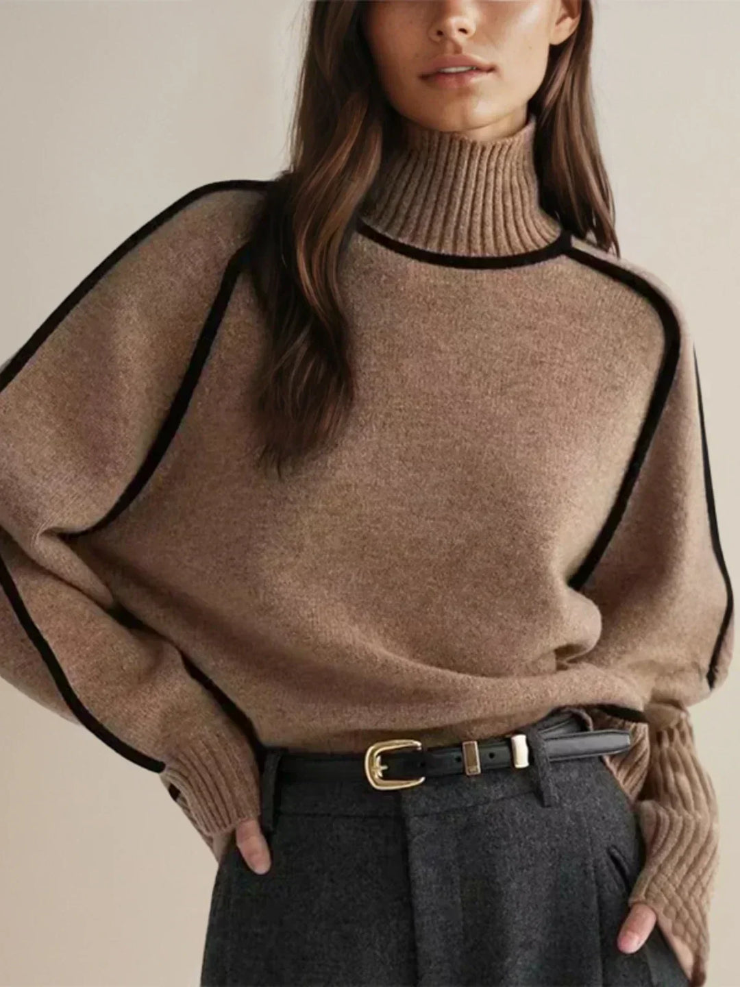 Marilyn | Sophisticated Piped Long Sleeve Turtleneck Sweater
