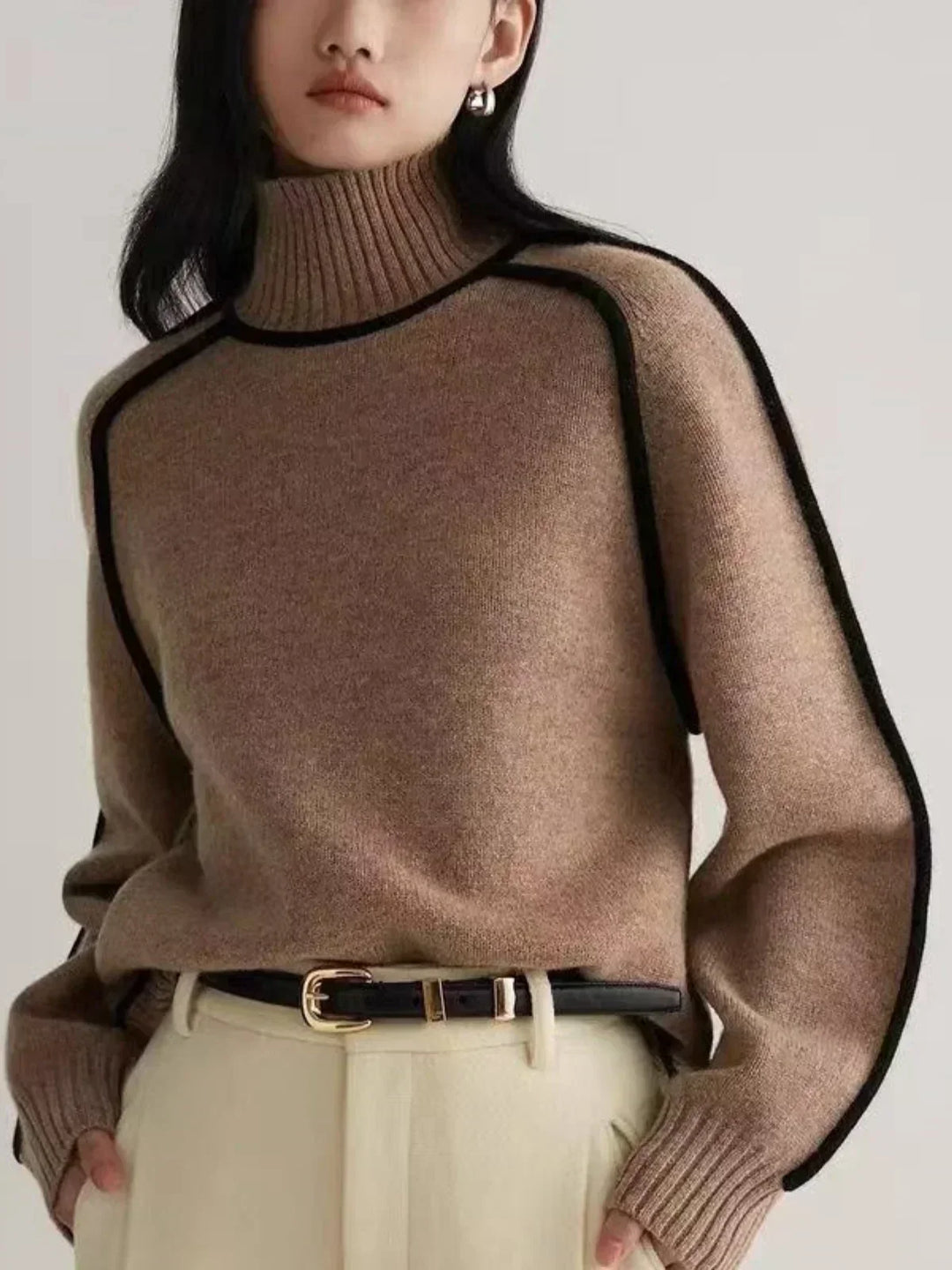 Marilyn | Sophisticated Piped Long Sleeve Turtleneck Sweater