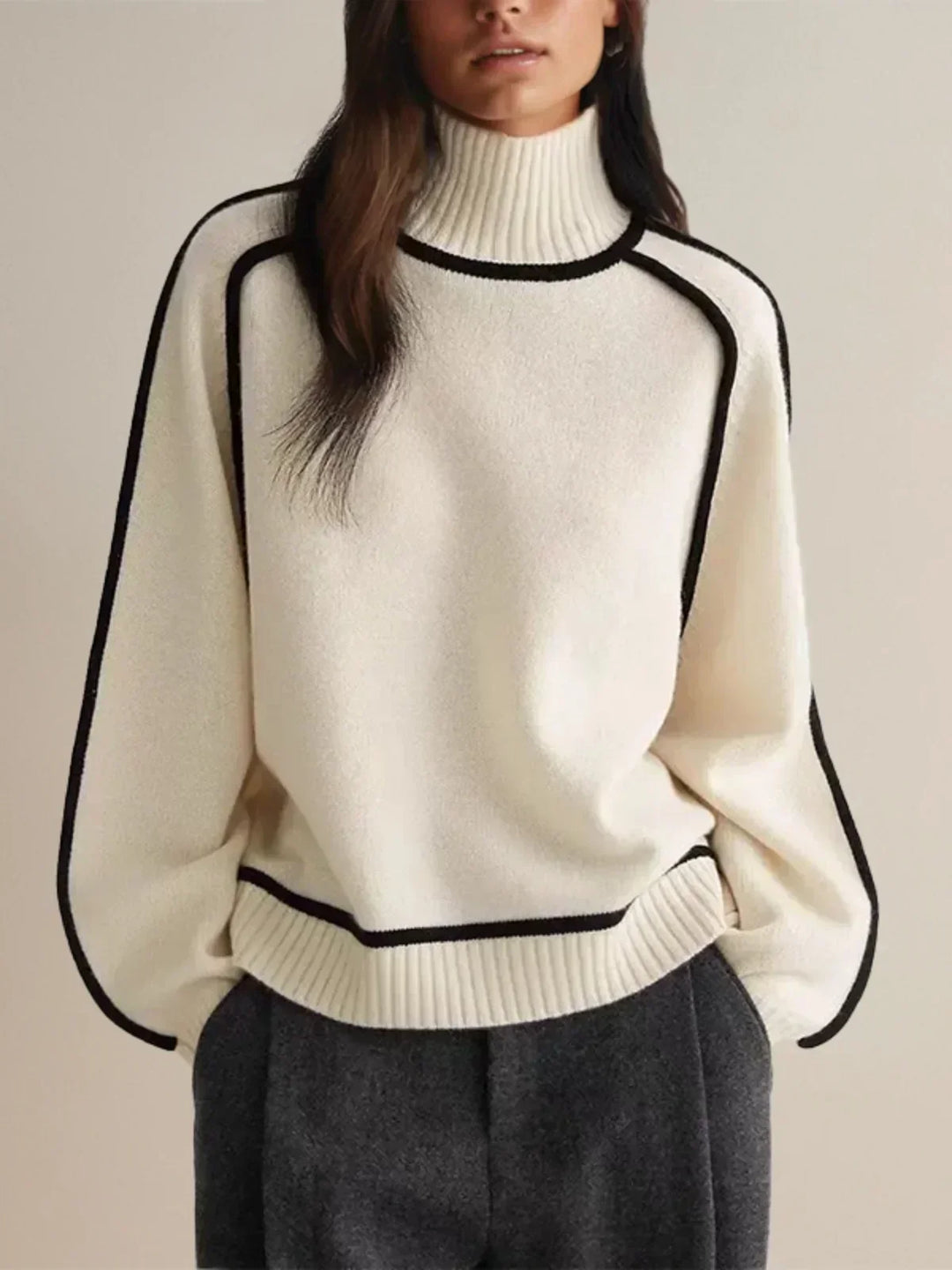 Marilyn | Sophisticated Piped Long Sleeve Turtleneck Sweater