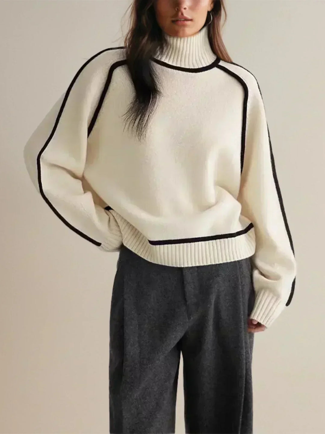 Marilyn | Sophisticated Piped Long Sleeve Turtleneck Sweater