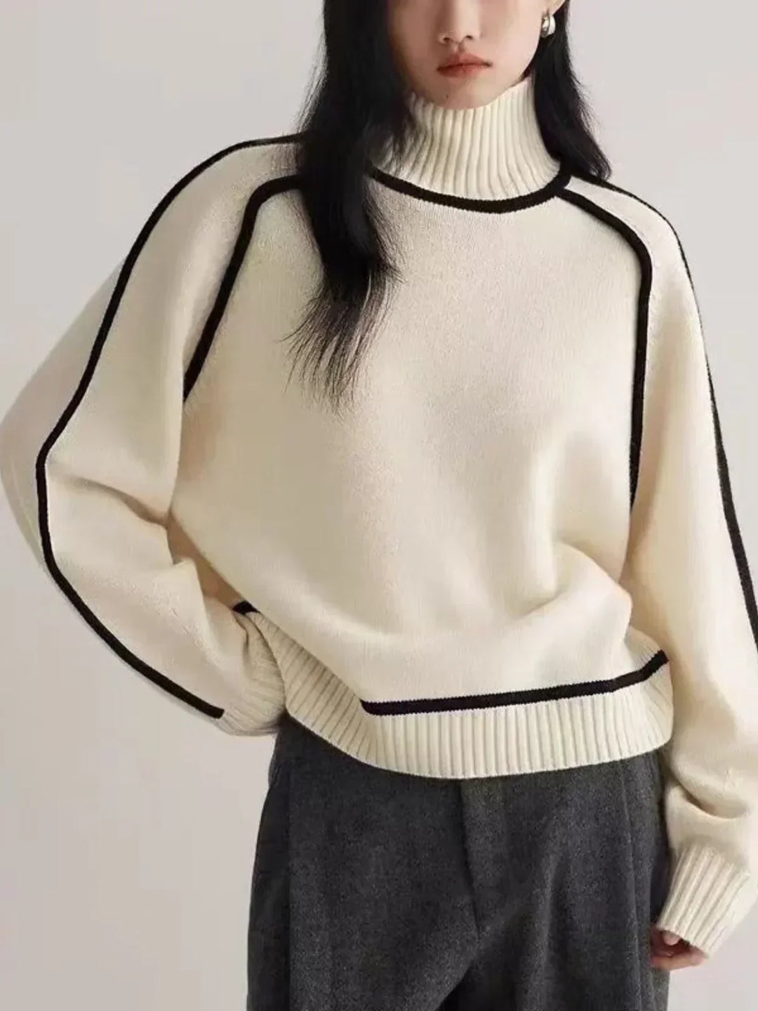 Marilyn | Sophisticated Piped Long Sleeve Turtleneck Sweater