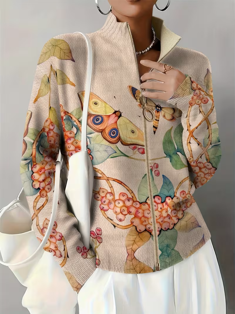 Mary | Classic Butterfly Print Zip-Up Cardigan Sweater
