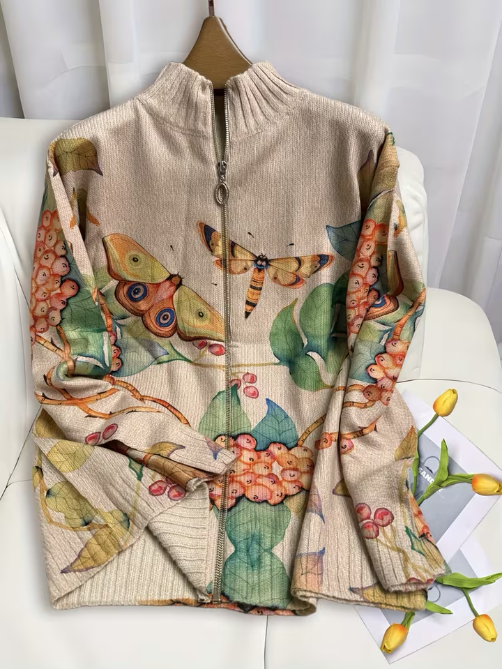 Mary | Classic Butterfly Print Zip-Up Cardigan Sweater