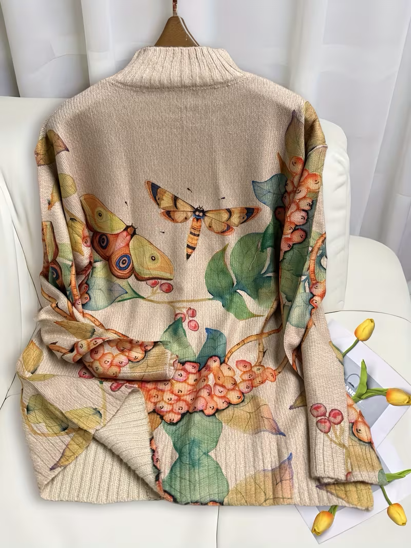 Mary | Classic Butterfly Print Zip-Up Cardigan Sweater