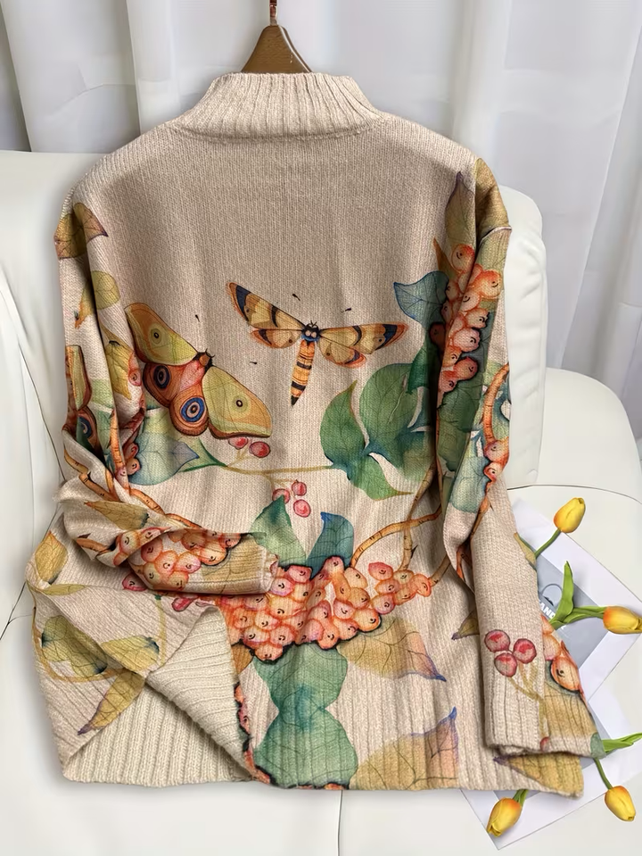 Mary | Classic Butterfly Print Zip-Up Cardigan Sweater